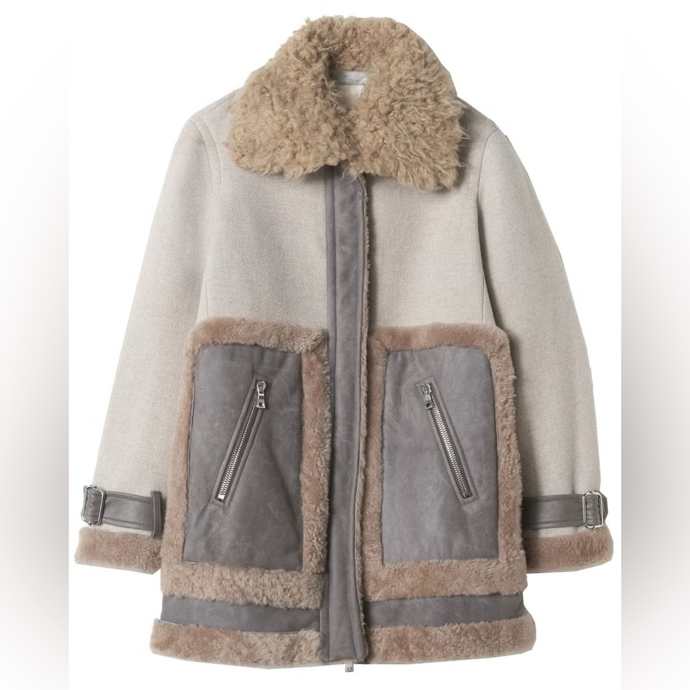 Rebecca Taylor Leather and Shearling Zip Up Coat